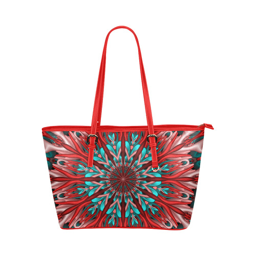 Pink teal fractal mandala Leather Tote Bag/Large (Model 1651)