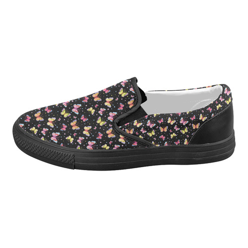 Watercolor Butterflies Black Edition Women's Slip-on Canvas Shoes (Model 019)