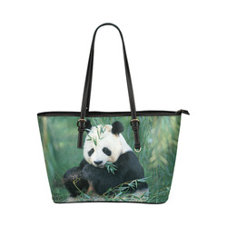 Giant Panda Eating Bamboo Forest Leather Tote Bag/Small (Model 1651)