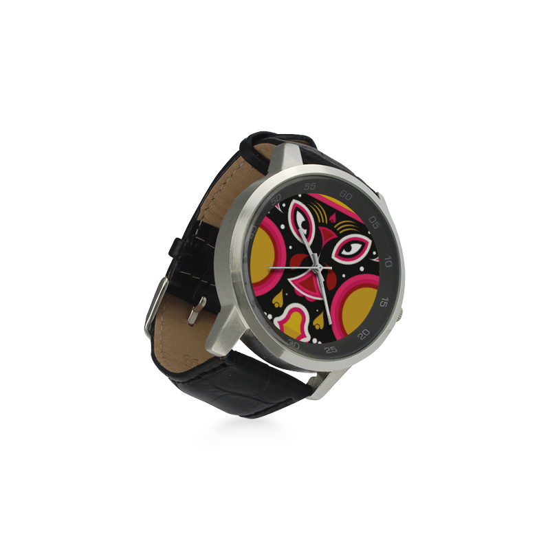 Ceremonial Tribal Mask Unisex Stainless Steel Leather Strap Watch(Model 202)