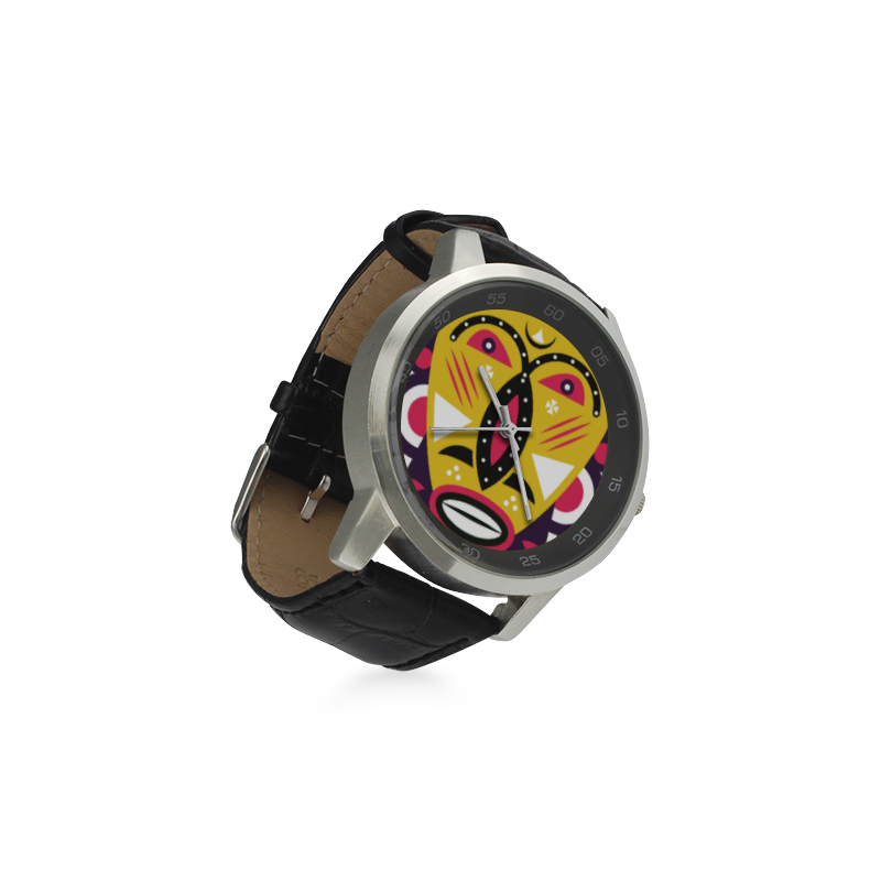Kuba Mask Unisex Stainless Steel Leather Strap Watch(Model 202)