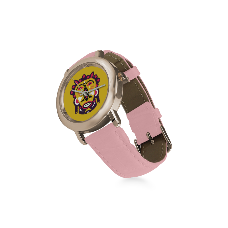 Kuba Face Mask Yellow Women's Rose Gold Leather Strap Watch(Model 201)