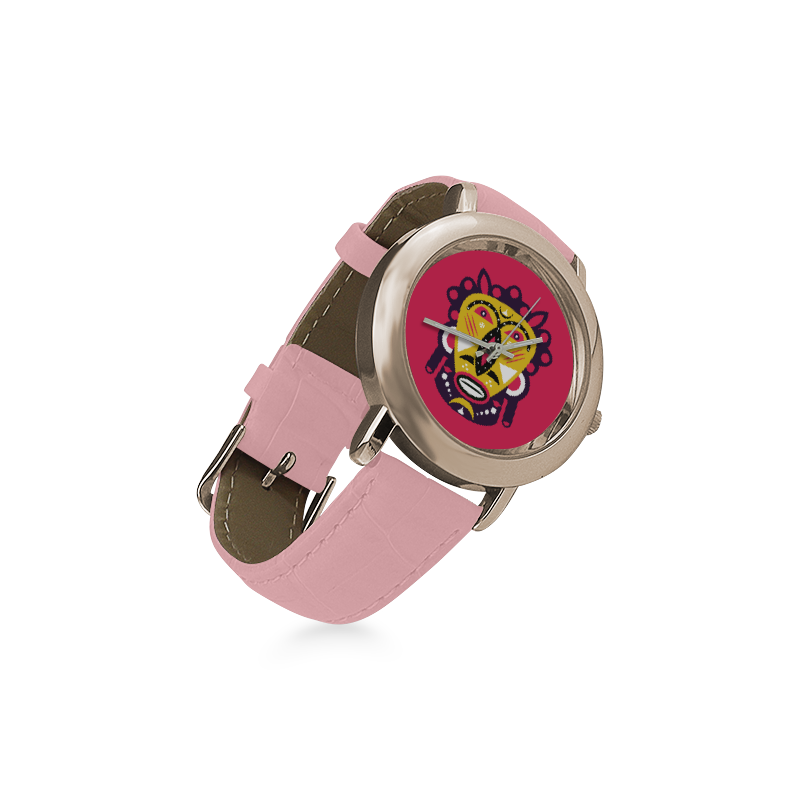 Kuba Face Mask Pink Women's Rose Gold Leather Strap Watch(Model 201)