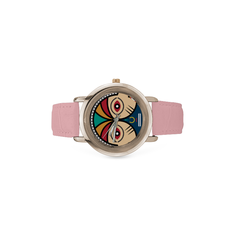 Round Tribal Mask Women's Rose Gold Leather Strap Watch(Model 201)