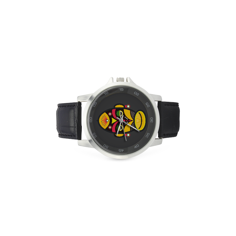 African Traditional Tribal Mask Unisex Stainless Steel Leather Strap Watch(Model 202)