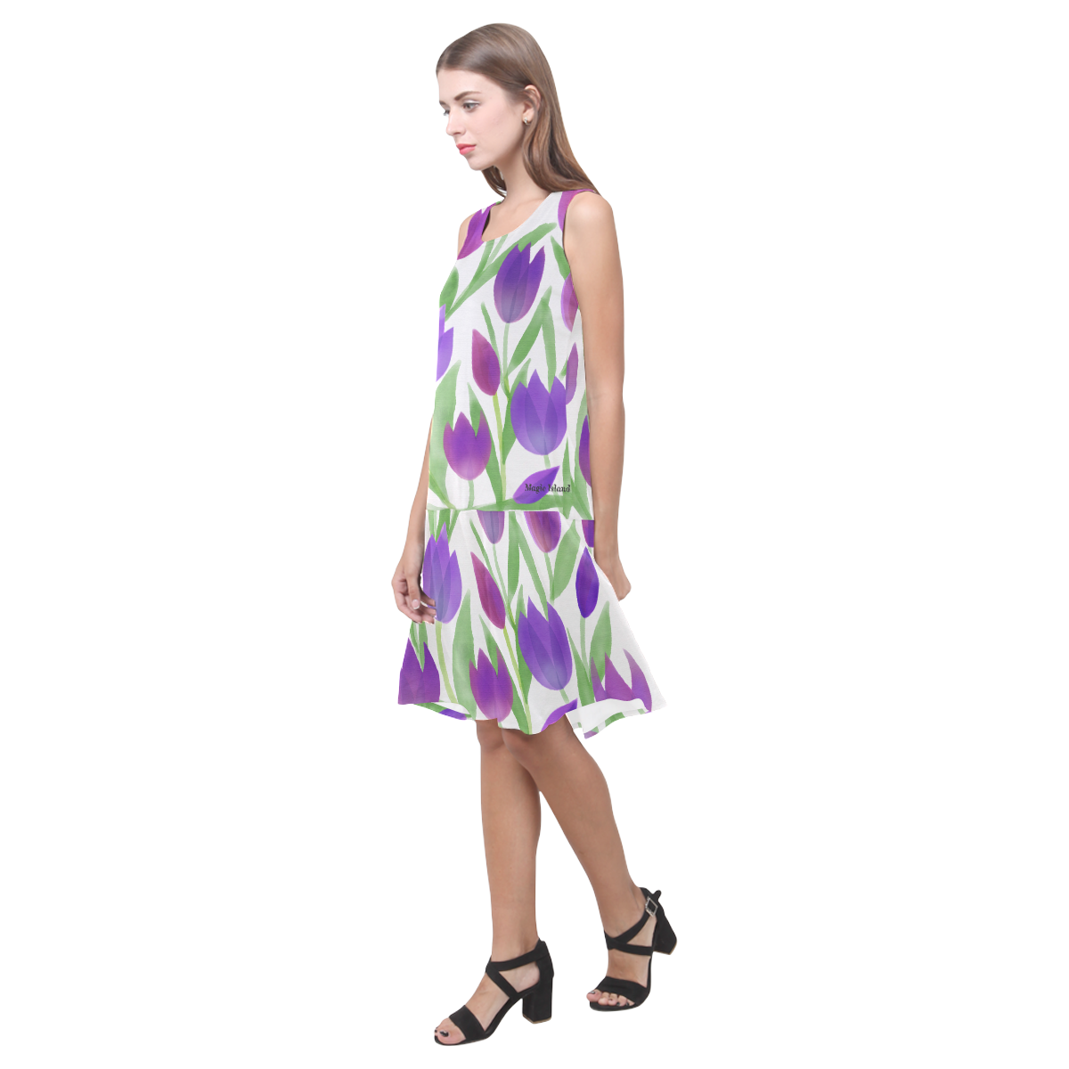 Purple Tulips. Inspired by the Magic Island of Gotland. Sleeveless Splicing Shift Dress(Model D17)