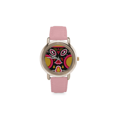 Ceremonial Tribal Mask Women's Rose Gold Leather Strap Watch(Model 201)