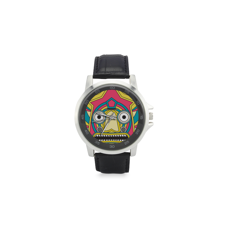Indian Tribal Mask Unisex Stainless Steel Leather Strap Watch(Model 202)