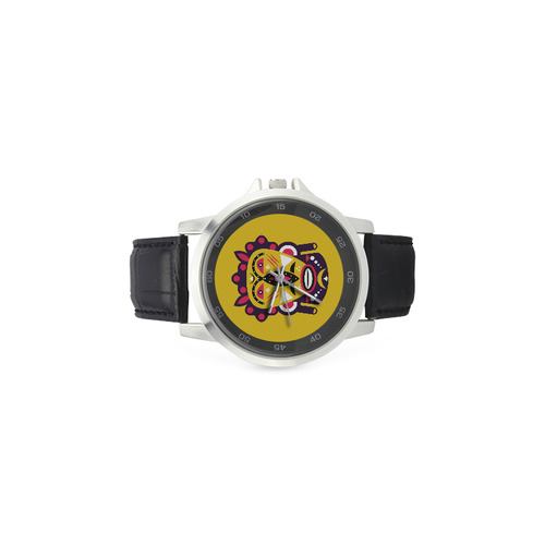 Kuba Face Mask Yellow Unisex Stainless Steel Leather Strap Watch(Model 202)