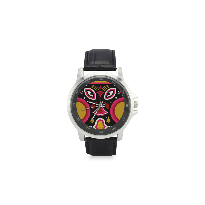 Ceremonial Tribal Mask Unisex Stainless Steel Leather Strap Watch(Model 202)