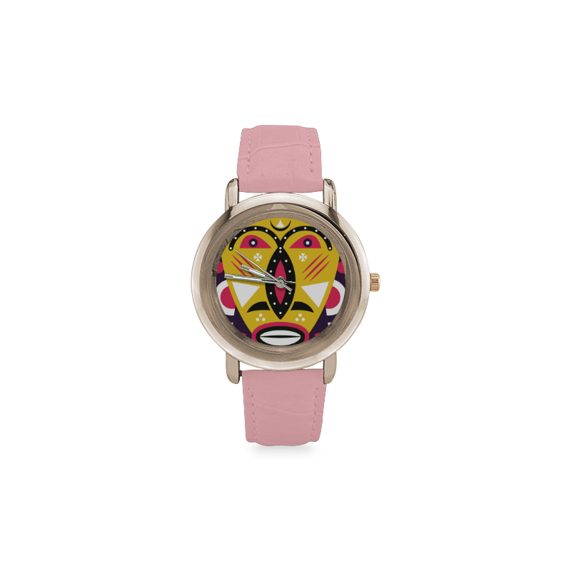 Kuba Mask Women's Rose Gold Leather Strap Watch(Model 201)