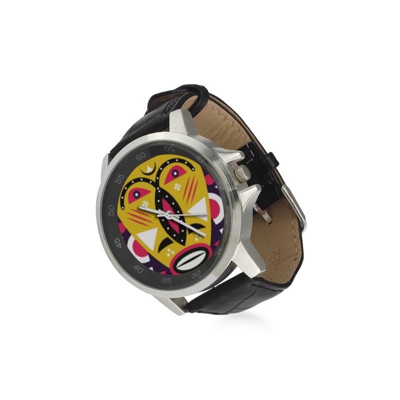 Kuba Mask Unisex Stainless Steel Leather Strap Watch(Model 202)