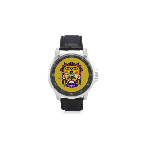 Kuba Face Mask Yellow Unisex Stainless Steel Leather Strap Watch(Model 202)