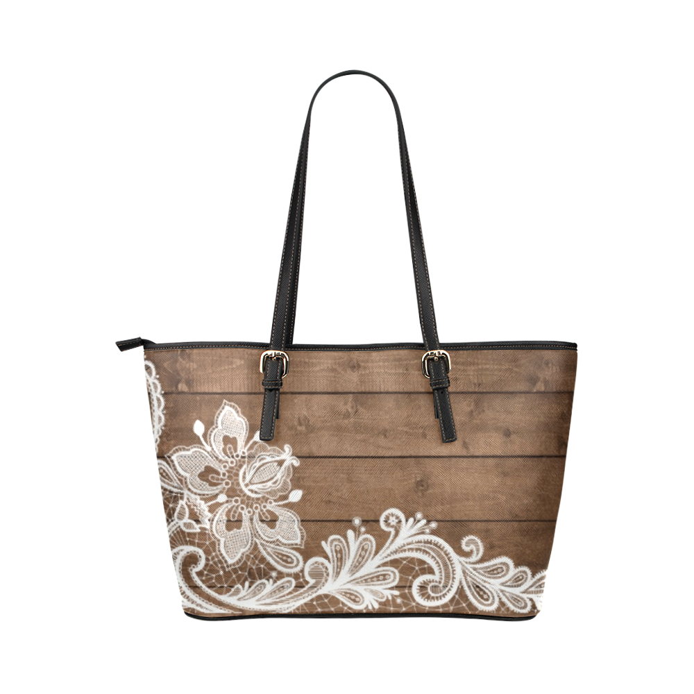 White Lace Old Barn Rustic Floral Leather Tote Bag/Small (Model 1651)