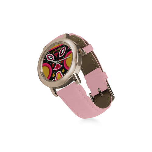 Ceremonial Tribal Mask Women's Rose Gold Leather Strap Watch(Model 201)
