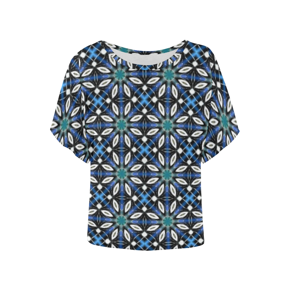 Black and Blue Geometric Women's Batwing-Sleeved Blouse T shirt (Model T44)
