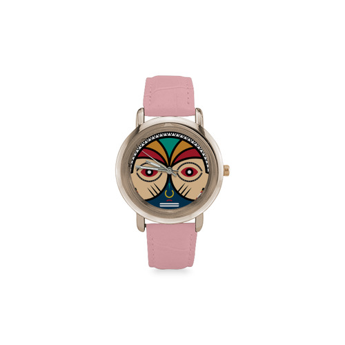 Round Tribal Mask Women's Rose Gold Leather Strap Watch(Model 201)