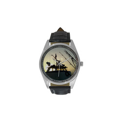 Fishing At Dawn Men's Casual Leather Strap Watch(Model 211)
