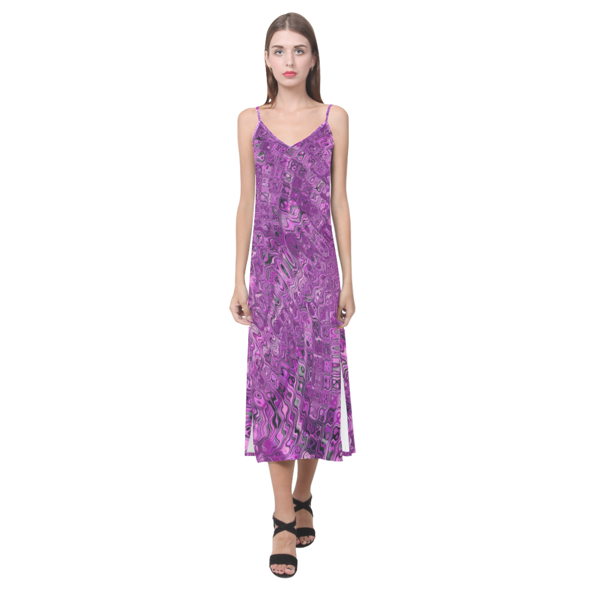 melting swirl B by FeelGood V-Neck Open Fork Long Dress(Model D18)