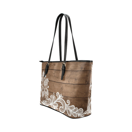 White Lace Old Barn Rustic Floral Leather Tote Bag/Small (Model 1651)