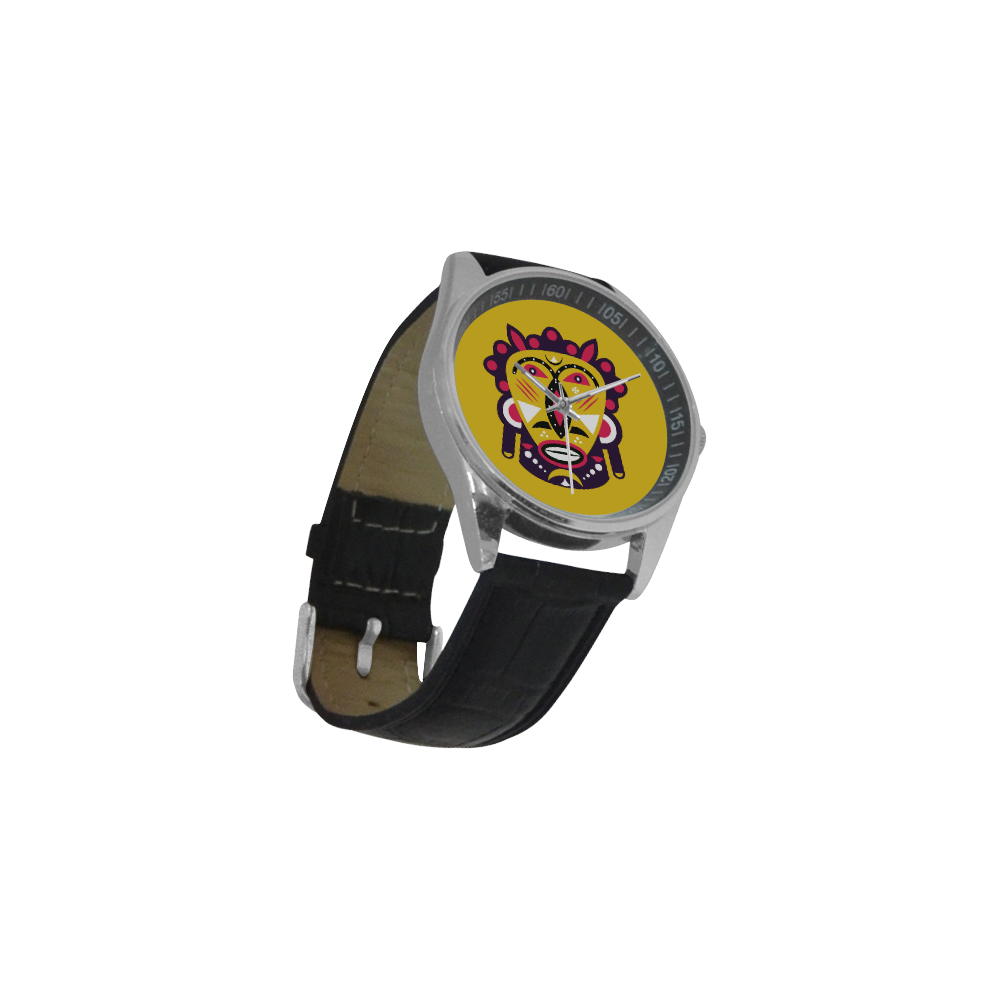 Kuba Face Mask Yellow Men's Casual Leather Strap Watch(Model 211)