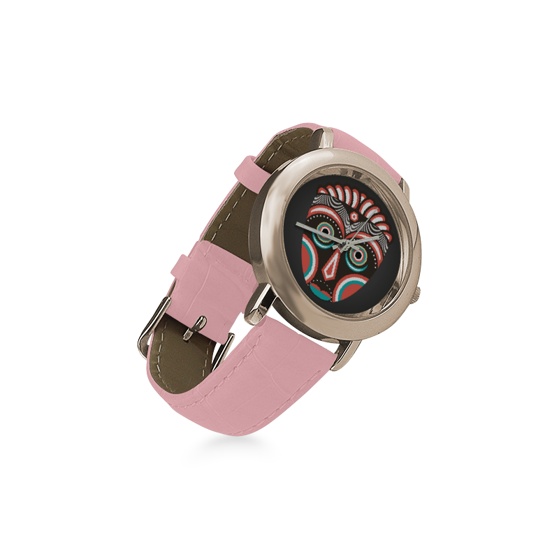 Lulua Ethnic Tribal Mask Women's Rose Gold Leather Strap Watch(Model 201)