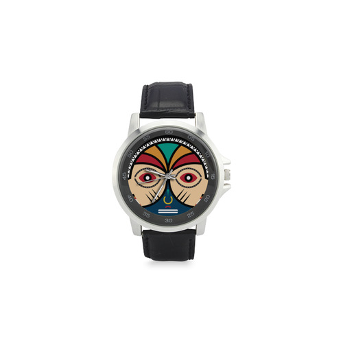 Round Tribal Mask Unisex Stainless Steel Leather Strap Watch(Model 202)