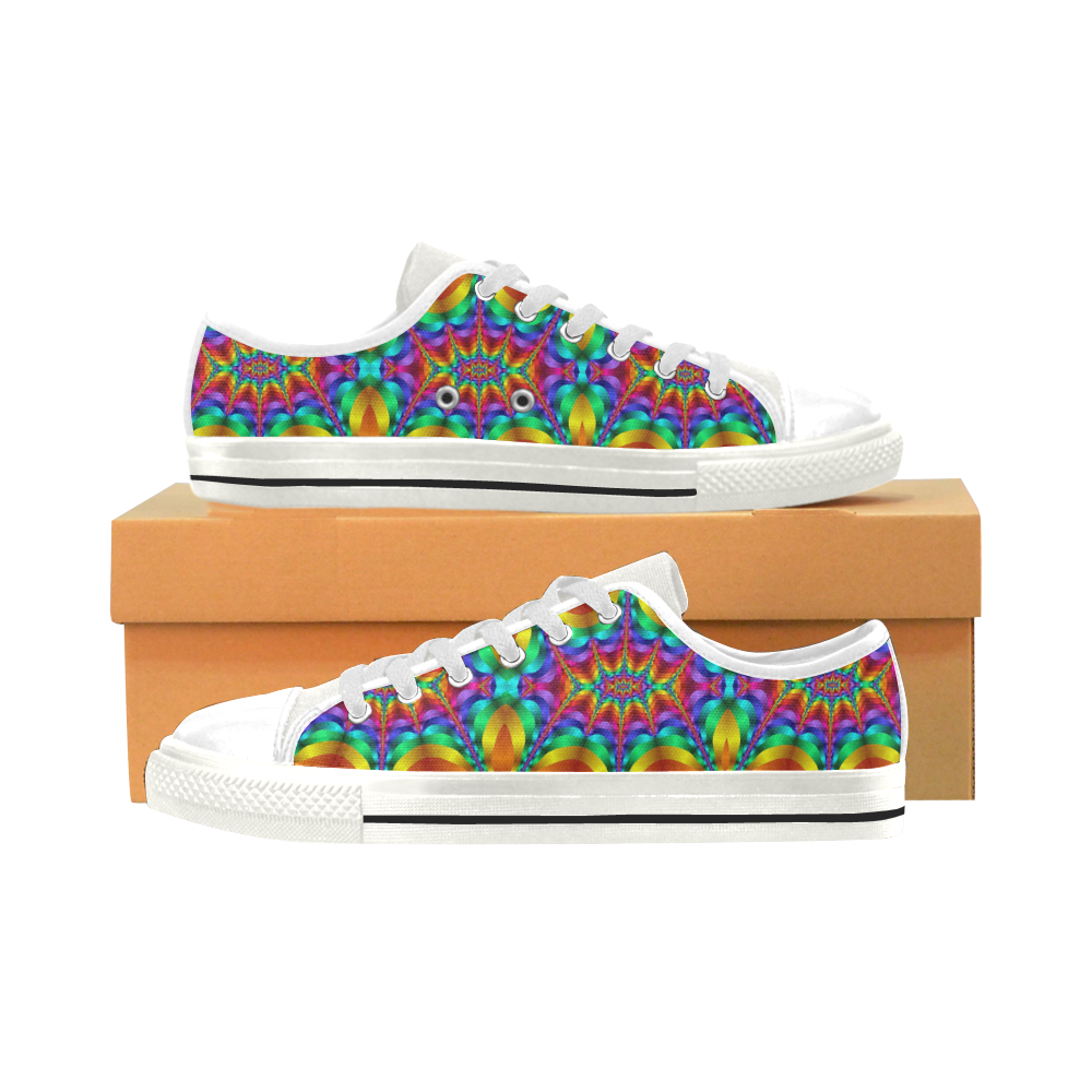 Rainbow Colored Light Waves Heartbeat Fractal Low Top Canvas Shoes for Kid (Model 018)