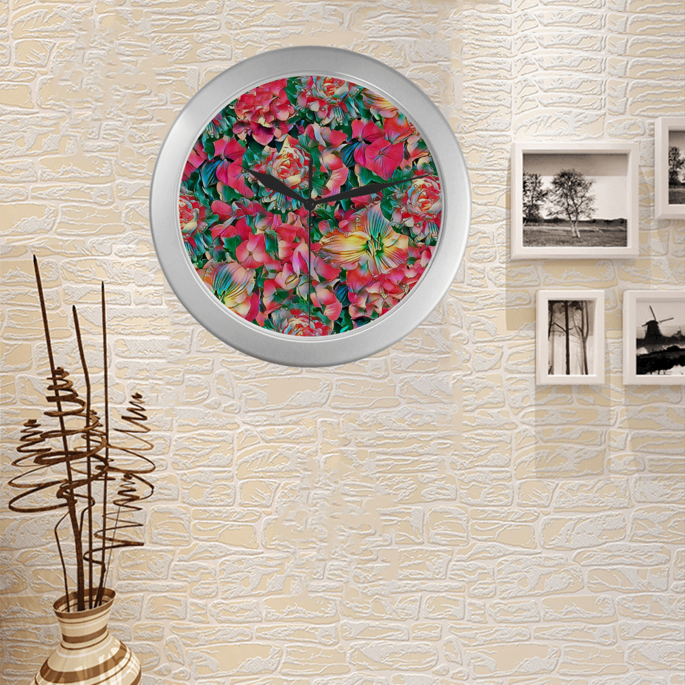 wonderful floral 24B  by FeelGood Silver Color Wall Clock