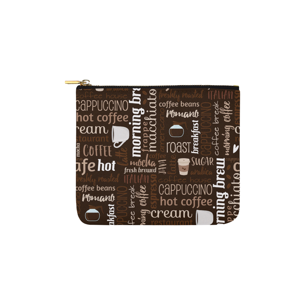 Brown, Chocolate, Coffee, Cappuccino, Latte, Words Pattern. Carry-All Pouch 6''x5''