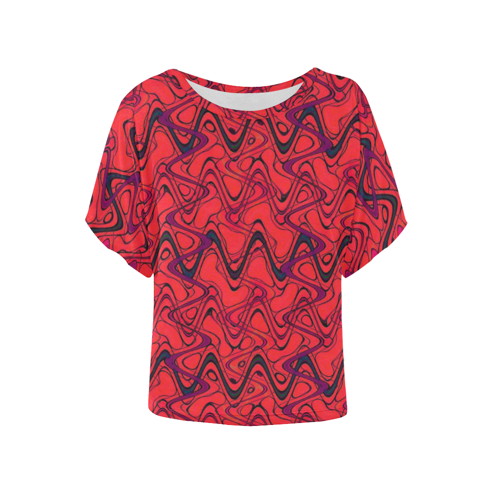 Red and Black Waves Women's Batwing-Sleeved Blouse T shirt (Model T44)