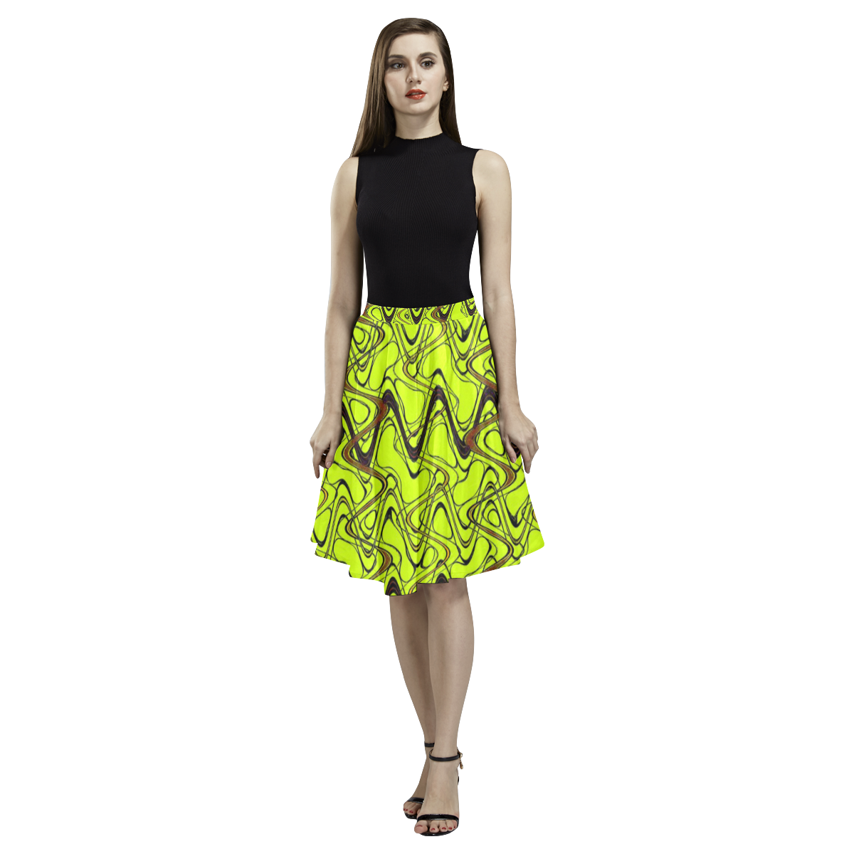 Yellow and Black Waves Melete Pleated Midi Skirt (Model D15)