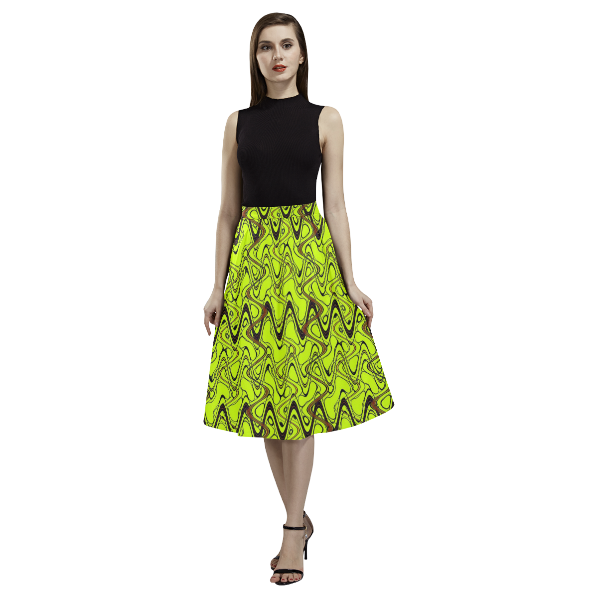 Yellow and Black Waves Aoede Crepe Skirt (Model D16)