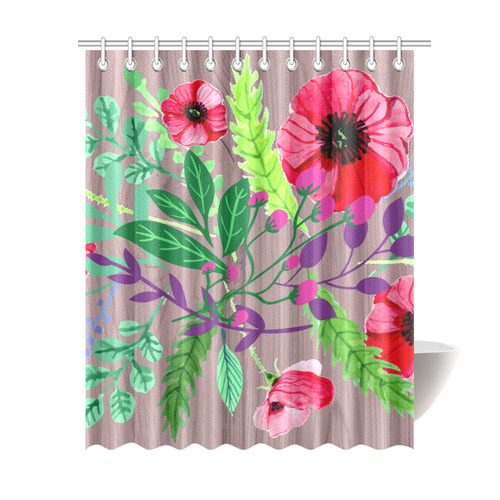 Rustic Watercolor Floral Red Poppies Shower Curtain 69"x84"