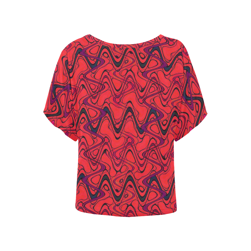 Red and Black Waves Women's Batwing-Sleeved Blouse T shirt (Model T44)