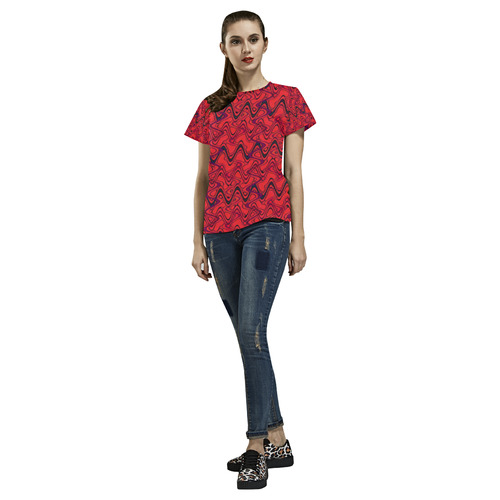 Red and Black Waves All Over Print T-Shirt for Women (USA Size) (Model T40)