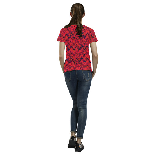 Red and Black Waves All Over Print T-Shirt for Women (USA Size) (Model T40)