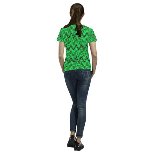 Green and Black Waves All Over Print T-Shirt for Women (USA Size) (Model T40)