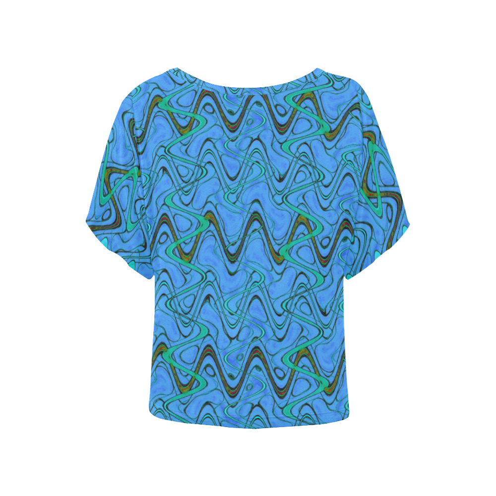 Blue Green and Black Waves Women's Batwing-Sleeved Blouse T shirt (Model T44)