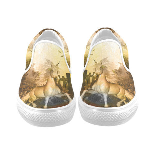 White unicorn in the night Women's Unusual Slip-on Canvas Shoes (Model 019)