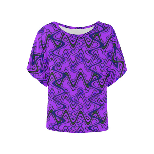Purple and Black Waves Women's Batwing-Sleeved Blouse T shirt (Model T44)