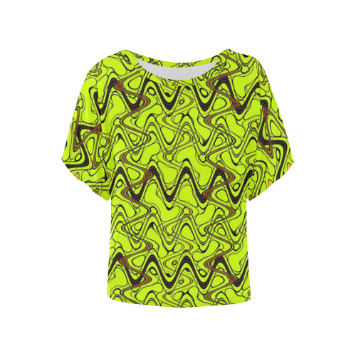 Yellow and Black Waves Women's Batwing-Sleeved Blouse T shirt (Model T44)