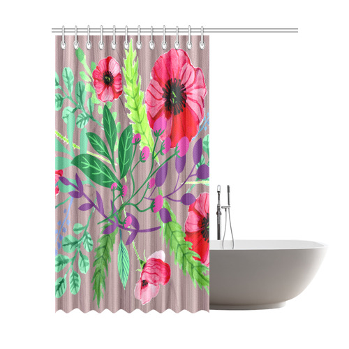 Rustic Watercolor Floral Red Poppies Shower Curtain 72"x84"