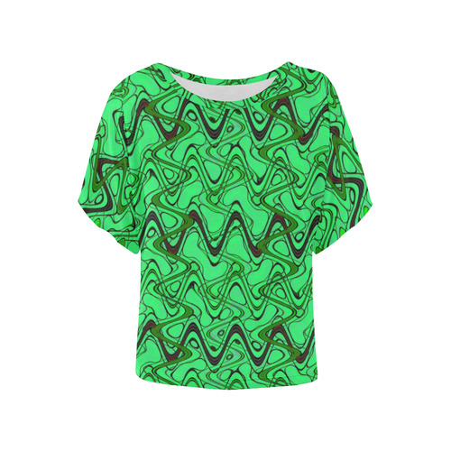 Green and Black Waves Women's Batwing-Sleeved Blouse T shirt (Model T44)