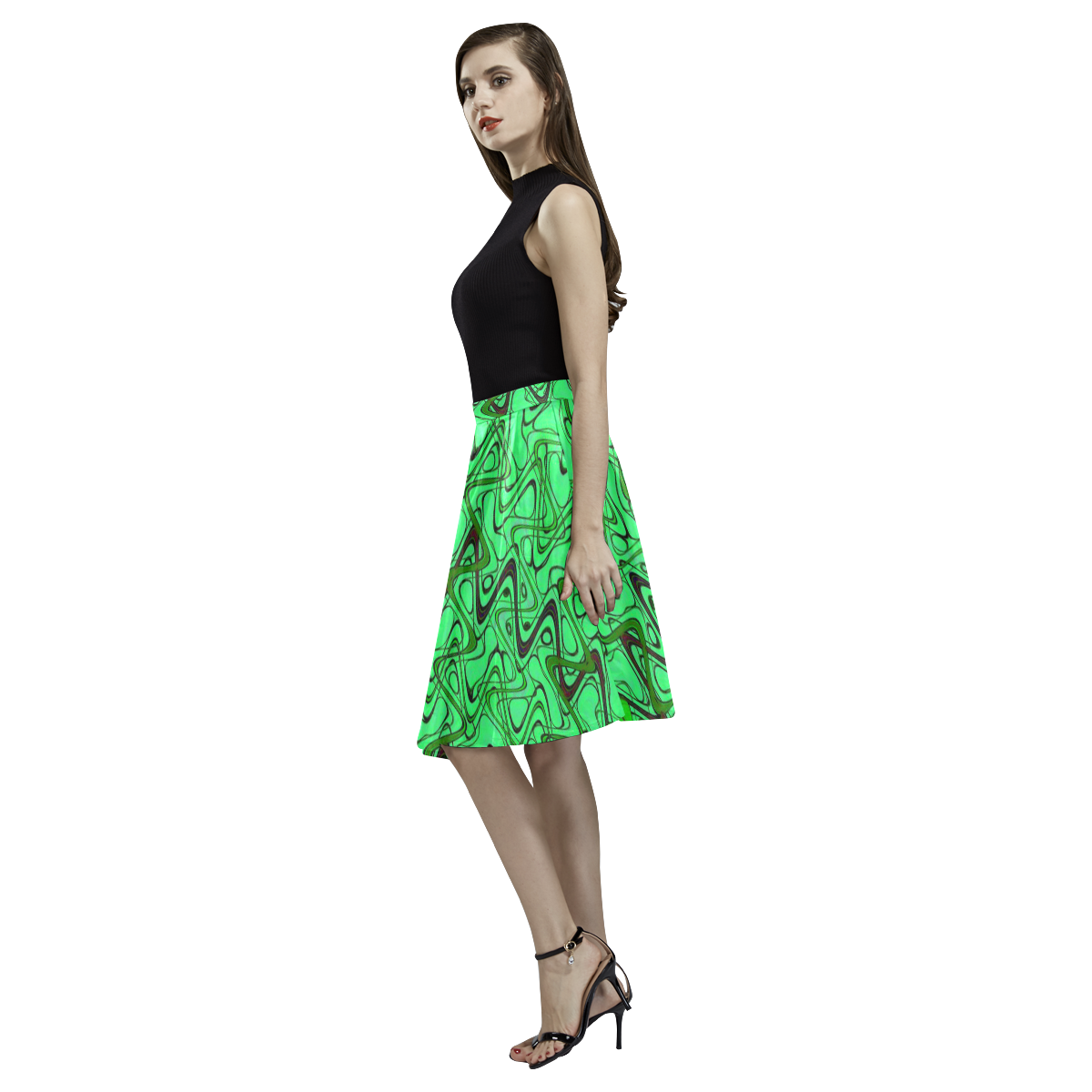 Green and Black Waves Melete Pleated Midi Skirt (Model D15)