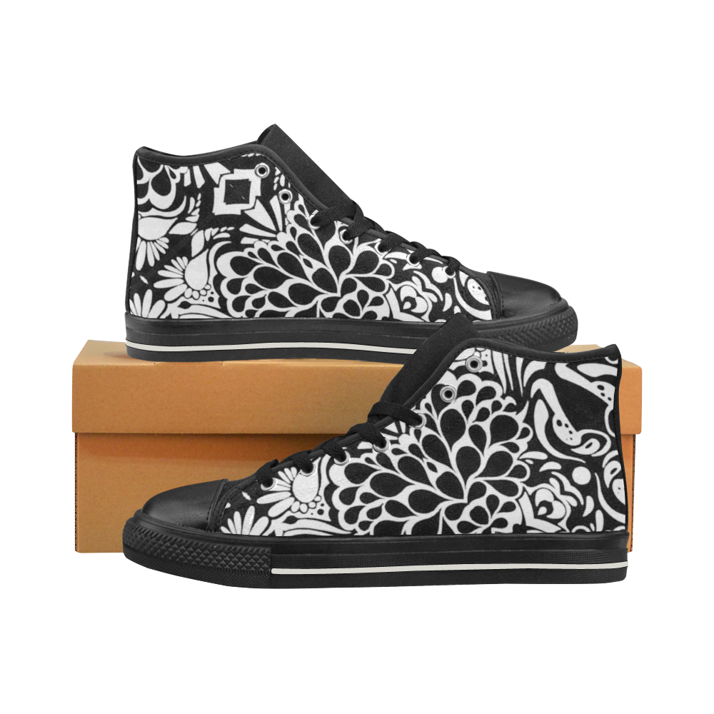 70s Wall Paper Black and White High Top Canvas Shoes for Kid (Model 017)
