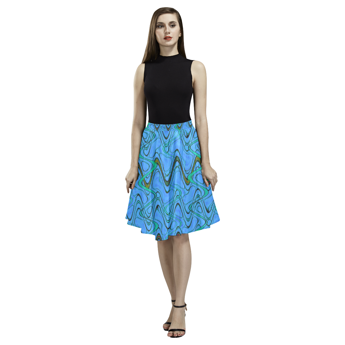 Blue Green and Black Waves Melete Pleated Midi Skirt (Model D15)