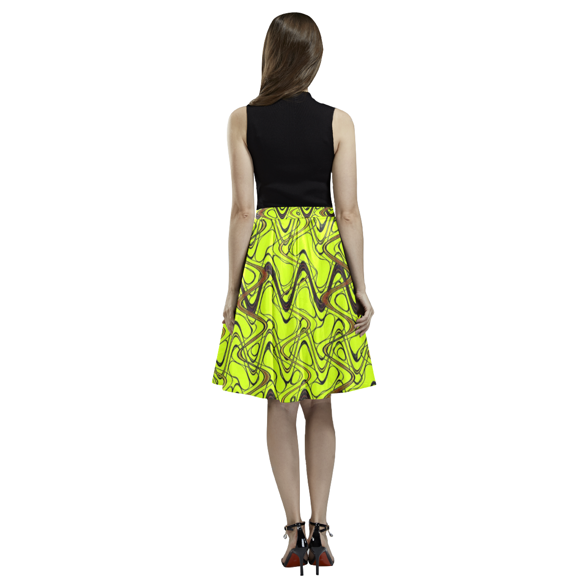 Yellow and Black Waves Melete Pleated Midi Skirt (Model D15)