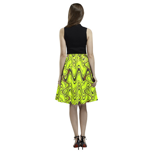 Yellow and Black Waves Melete Pleated Midi Skirt (Model D15)