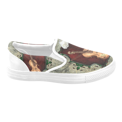 Violin with violin bow and flowers Women's Unusual Slip-on Canvas Shoes (Model 019)